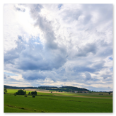 Das Foto zeigt eine weite, ländliche Hügellandschaft mit verschiedenen Grün- und Gelbtönen. Die hügeligen Flächen sind von Feldern, Wiesen und einzelnen Baumgruppen durchzogen. Weiter hinten erheben sich dicht bewaldete Hügel, die der Komposition Tiefe verleihen. Der Himmel ist zur Hälfte mit weißen Wolken bedeckt, durch die leuchtendes Blau hindurchscheint, was der Szene einen sommerlichen Charakter gibt. Insgesamt vermittelt das Bild Ruhe, Natürlichkeit und die Weite des österreichischen Alpenvorlands.