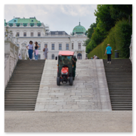Das Foto zeigt einen roten Traktor, der die zentrale Steinrampe vom Schloss Belvedere in Wien hinunterfährt. Links und rechts der Rampe befinden sich symmetrische Treppen, auf denen Menschen schlendern oder verweilen. Die barocke Architektur des Schlosses mit seinen charakteristischen Kuppeldächern bildet die imposante Kulisse im Hintergrund. Die Szene verbindet landwirtschaftliche Technik mit historischer Eleganz und verleiht dem Bild eine unverwechselbare Atmosphäre. Aufgenommen im Juni 2025.