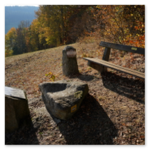 Holzbank und drei geformte Steine auf Hangwiese mit Blick ins Tal; herbstliche Bäume, Sonnenlicht und Schatten am Hi 10 Steinbloß-Mauer-Weg in Hirschbach