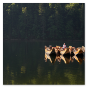 Drei Holzboote auf ruhigem See, eine Person sitzt im Boot; klare Spiegelung, dichter Wald im Hintergrund, warmes Licht, Szene von Stille und rhythmischer Ordnung