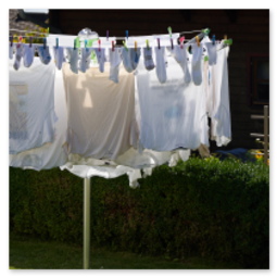 Wäschespinne mit aufgehängter weißer Wäsche und Socken im Garten entlang der Strecke Neumarkt–Unterweitersdorf, vor Hecke und Holzhaus.