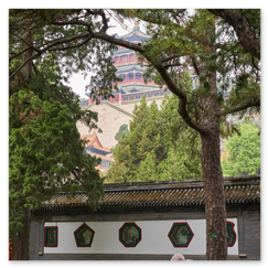 Mehrstöckige Pagode mit geschwungenem Dach und farbigen Details erhebt sich hinter einer Mauer mit roten Fensterrahmen und Ziegeldach; hohe Bäume rahmen die Szene, die Architektur tritt zwischen Natur und Stein hervor, ein stiller Blick auf kaiserliche Gartenkunst und räumliche Tiefe.
