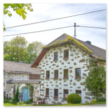 Steinbloßhaus mit dunkler Musterung, Ziegeldach und überwachsenem Dachrand – vermutlich wilder Wein; Fensterblumen, Rundbogentor und Nebengebäude in ländlicher Umgebung
