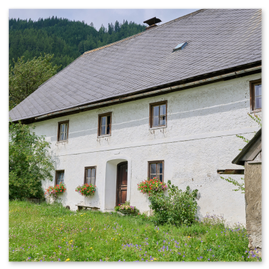 Weiß verputztes Wohnhaus mit steil geneigtem Schindeldach und mehreren Holzfenstern mit Blumenkästen. In der Mitte Holztür, flankiert von zwei bogenförmigen Nischen. Daneben kleineres Nebengebäude mit verwitterter Fassade. Umgeben von grüner Wiese mit Wildblumen, im Hintergrund bewaldeter Hang.