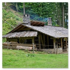 Eine rustikale Holzhütte mit Schindeldach und zwei steinernen Kaminen steht am Waldrand beim mittelalterlichen Burgbauprojekt in Friesach. Unter dem überdachten Vorbau lagern Holz und ein hölzernes Wagenrad, während ein Pfad durch das Gras zur Hütte führt. Umgeben von Bäumen und einem sanften Hang vermittelt die Szene Ruhe, Ursprünglichkeit und die enge Verbindung von Handwerk und Landschaft.