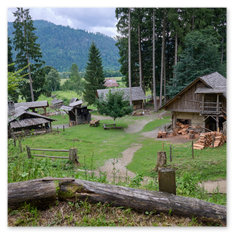 Mehrere Holzhäuser mit Schindeldächern stehen eingebettet in eine bewaldete Berglandschaft beim Burgbauprojekt in Friesach. Vor einem der Gebäude lagert gestapeltes Brennholz unter einem überdachten Bereich, während Zäune und Wege die Szenerie strukturieren. Die Umgebung aus Wiesen, Bäumen und Hügeln vermittelt das Leben und Arbeiten in einem mittelalterlichen Handwerksdorf – fernab moderner Technik, ganz im Einklang mit der Natur.
