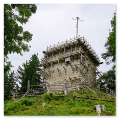 Ein steinerner Turm mit hölzernem Aufbau steht auf einem grasbewachsenen Hügel beim Burgbauprojekt in Friesach. Umgeben von Baumstümpfen und einem einfachen Holzzaun zeigt die Szene den fortschreitenden Bau einer Höhenburg mit traditionellen Mitteln. Der Himmel ist bewölkt, die Atmosphäre ruhig – ein Moment, der die Kraft von Handwerk und Geschichte spürbar macht.