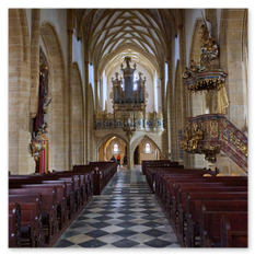 Gotisches Langhaus mit Orgel, Kanzel und Altar bei Maria Saal – dunkle Bänke, Rautenmuster am Boden und goldverzierte Figuren unter Rippengewölbe und Spitzbögen.