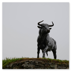 Stierstatue aus dunklem Material auf dem Magdalensberg – erhobene Haltung auf Steinplattform, grauer Himmel, Wiese mit gelben Blüten und Steinmauer im Vordergrund.