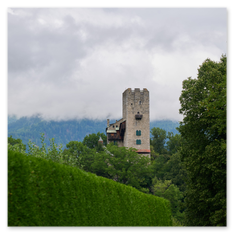 Geiersburg Friesach mit mittelalterlichem Turm im Grünhang – Steinbau mit Zinnen, umgeben von Bäumen, Bergkulisse im Hintergrund, ruhige Szene mit Naturanteil.