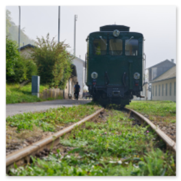 Historischer grüner Triebwagen steht auf den Gleisen eines kleinen Landbahnhofs, im Vordergrund Schienenperspektive, im Hintergrund Gebäude mit Satteldächern, Wiesen und Bäume, leichte Nebelstimmung verleiht dem Bild eine ruhige, nostalgische Atmosphäre