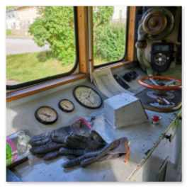 Innenansicht des Führerstands eines historischen Triebwagens des Ötscherbahn Express, mit analogen Messinstrumenten, roten und schwarzen Bedienhebeln, Schaltern und einem Metallkasten, auf dem Pult liegen Arbeitshandschuhe und eine Wasserflasche, durch die Fenster sind Bäume und Gebäude sichtbar, vermittelt den Eindruck traditioneller Eisenbahntechnik