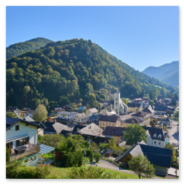 Idyllische Ansicht des niederösterreichischen Ortes Gaming, umgeben von grünen Hügeln und Wäldern, im Zentrum die weiße Kirche mit hohem Turm, ringsum Häuser mit Gärten und Balkonen, darüber klarer blauer Himmel, ruhige Atmosphäre in alpiner Landschaft