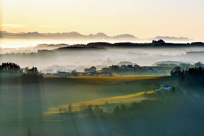 Hügelige Landschaft im Mühlviertel mit Nebelschleiern, Lichtstrahlen und vereinzelten Häusern im Morgenlicht Das Bild zeigt eine friedliche Landschaft im oberösterreichischen Mühlviertel. Sanfte Hügel, Felder und vereinzelte Häuser sind von dünnen Nebelschleiern überzogen. Im Hintergrund ragen dunkel silhouettierte Berge auf, während warme Sonnenstrahlen durch die Nebelwolken brechen und Teile der Szenerie beleuchten. Die Komposition fängt eine morgendliche oder abendliche Lichtstimmung ein und betont die ruhige, naturnahe Atmosphäre der Region.
