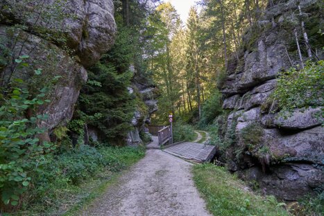 Waldpfad mit Brücke zwischen Felswänden; Wegweiser zeigt links zur Stillensteinklamm, rechts zum Rundweg Werfenstein – ruhige Gabelung im grünen Licht.