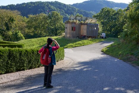 Person mit rotem Rucksack blickt zum „Grünen Haus“ mit begrüntem Dach; Waldhügel, Wegbiegung und Sonnenlicht verleihen der Szene stille Tiefe und narrative Ruhe.