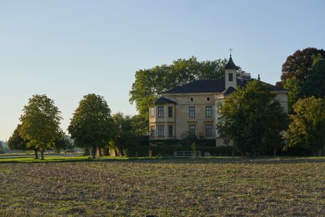 Helles Gebäude mit Turmkreuz am Waldrand, davor gepflügtes Feld; Fensterstruktur, Dachlinie und spätes Licht verleihen der Szene stille Tiefe und Kontrastruhe.
